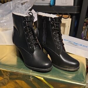 Soda Black Lace-Up Boots with Shearling Trim